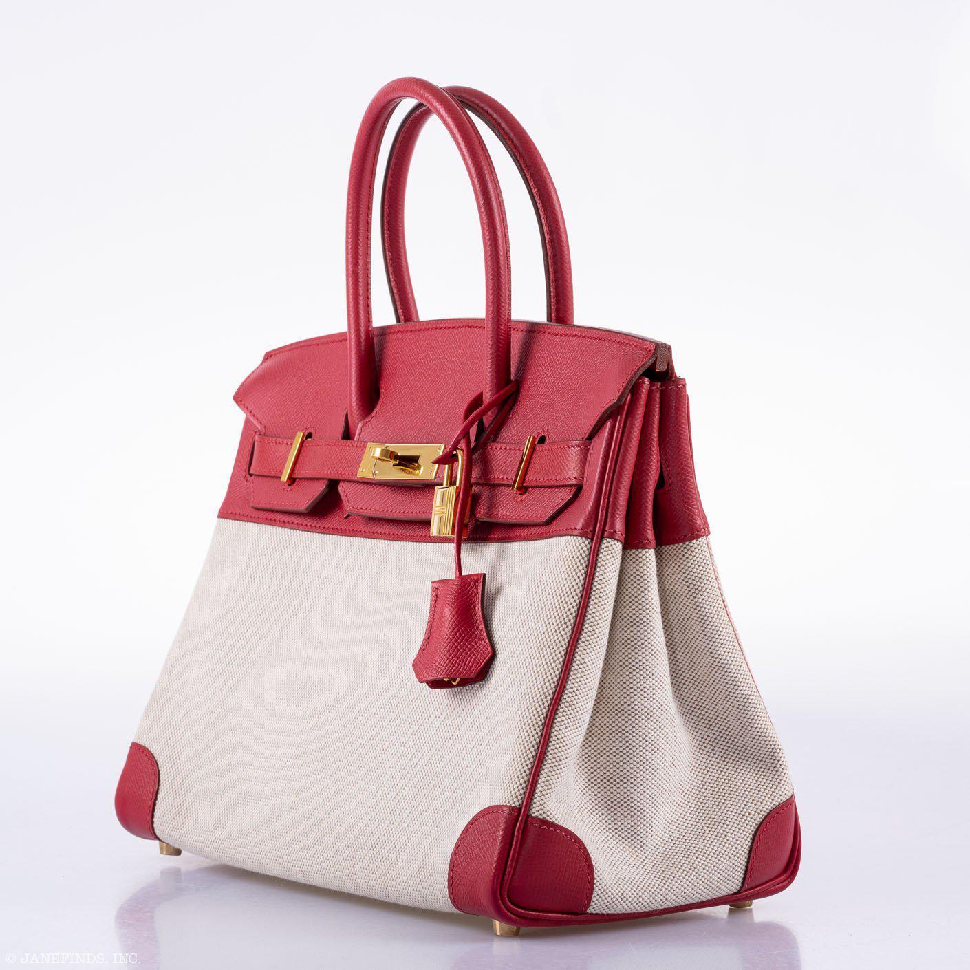 HermesBirkin 30 Toile & Rouge Vif Courchevel Leather Gold Hardware