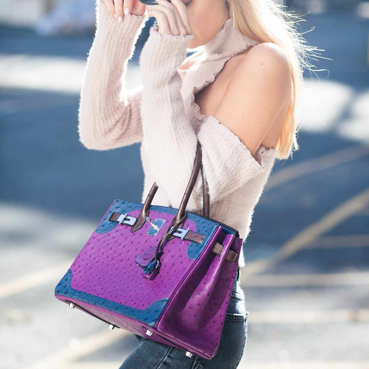 HermesBirkin 30 Tri Color Ostrich Violine Blue De Malt And Marron Palladium Hardware