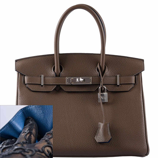 HermesBirkin 30 Verso Taupe & Blue Agate Clemence Palladium Hardware - 2020, Y