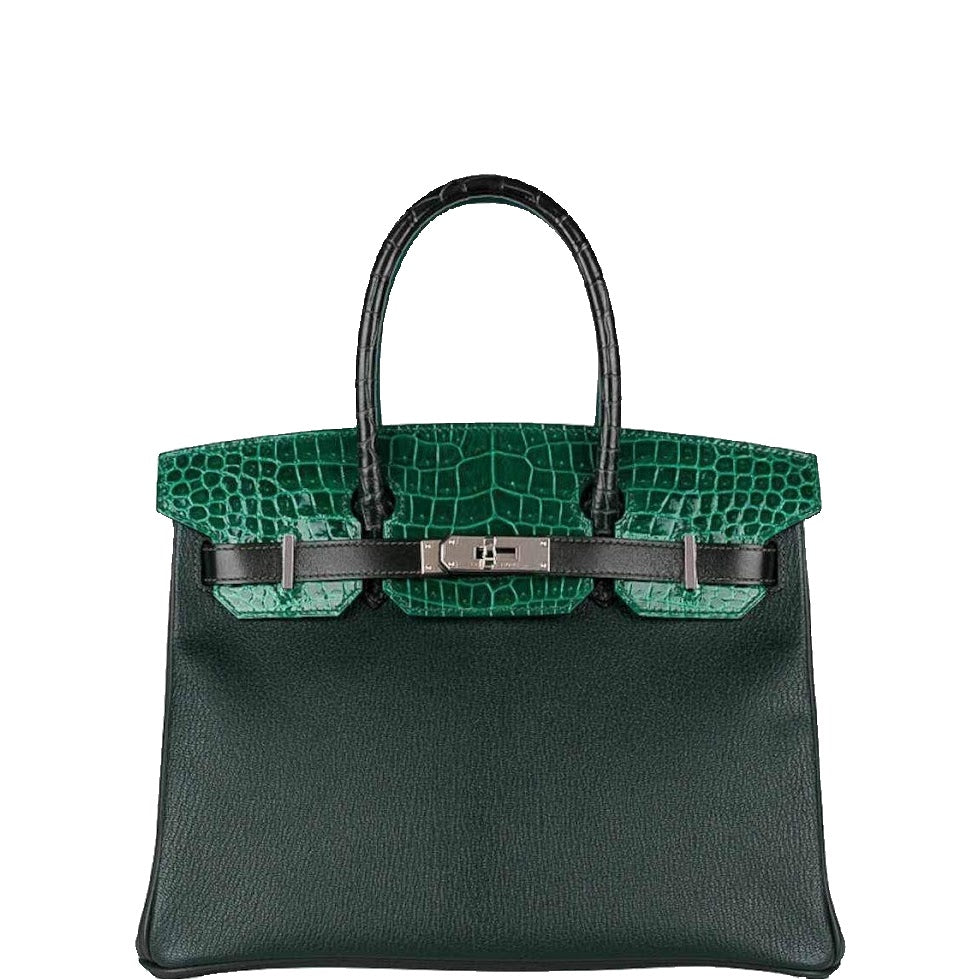 HermesBirkin 30 Vert Emerald Porosus Crocodile, Vert Titien and Rose Azalée Patchwork Palladium Hardware