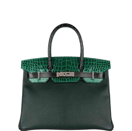 HermesBirkin 30 Vert Emerald Porosus Crocodile, Vert Titien and Rose Azalée Patchwork Palladium Hardware
