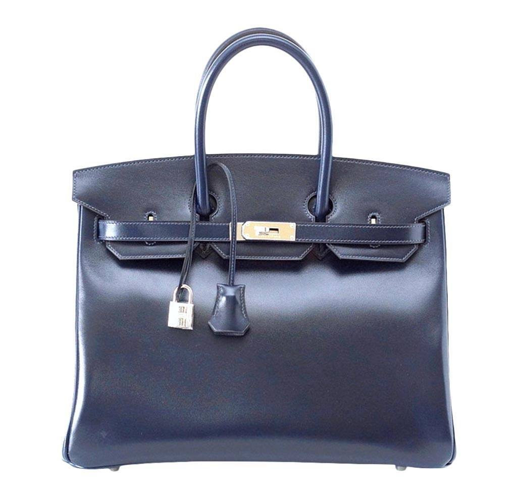 HermesBirkin 35 Bleu Marine Box Leather Bag