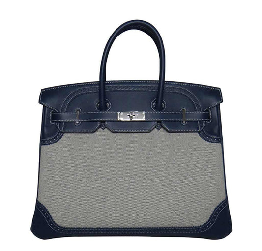HermesBirkin Ghillies 35 Bag Blue Toile