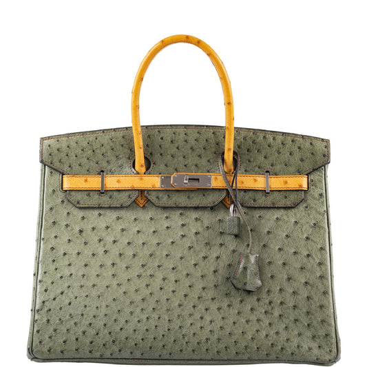 HermesBirkin 35 Special Order Vert Olive & Sable Ostrich Palladium Hardware
