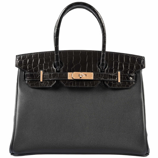 HermesBirkin Touch 30 Black Novillo & Niloticus Crocodile Rose Gold Hardware