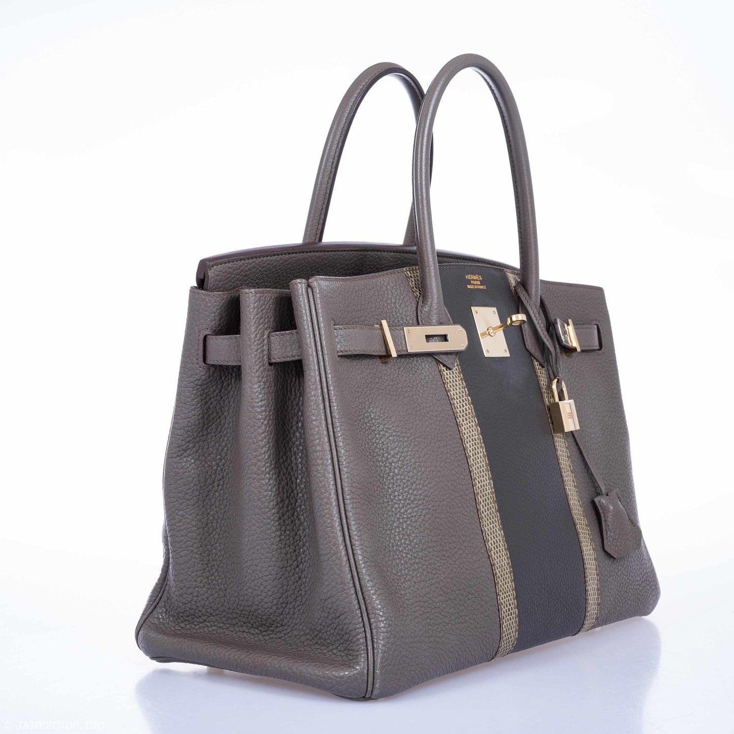 HermesClub Birkin 35 Tri-Color Etain & Graphite Clemence, Gris Fonce Lizard Permabrass Hardware