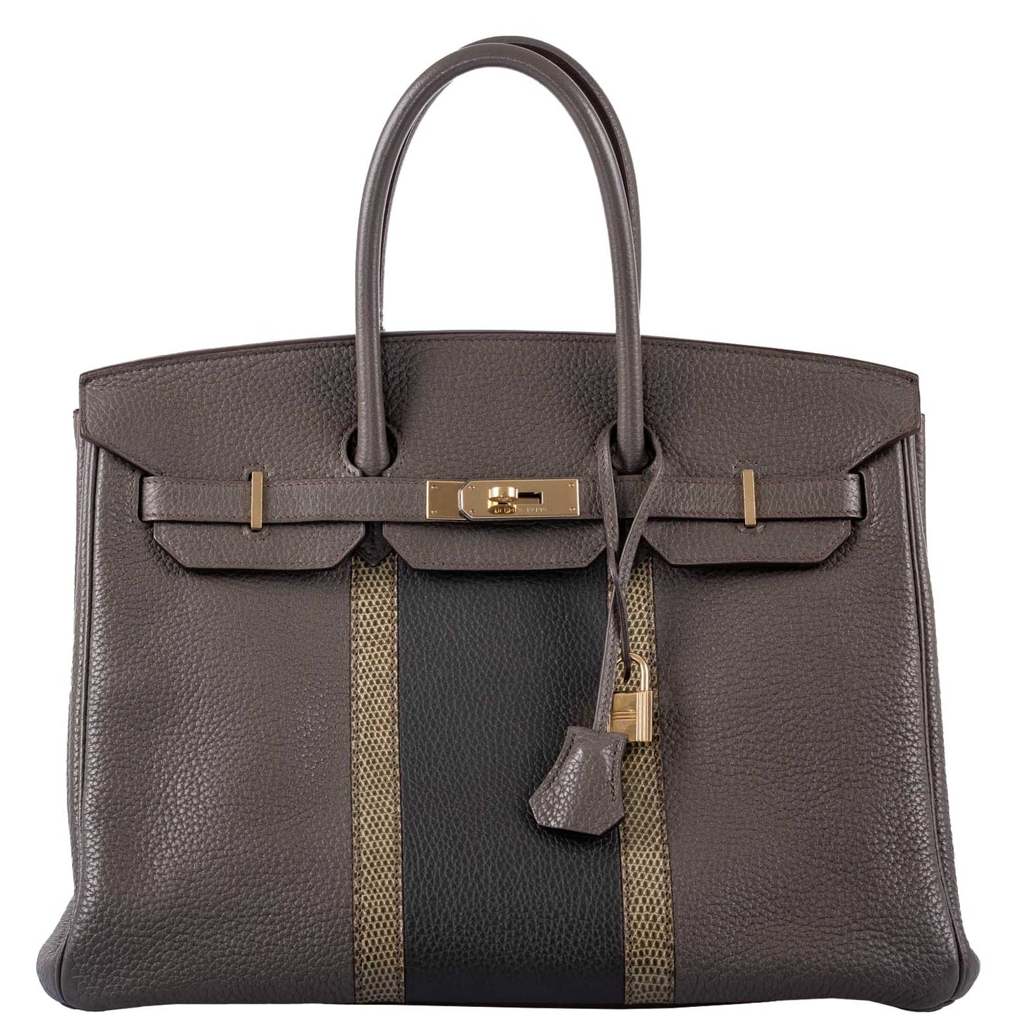 HermesClub Birkin 35 Tri-Color Etain & Graphite Clemence, Gris Fonce Lizard Permabrass Hardware