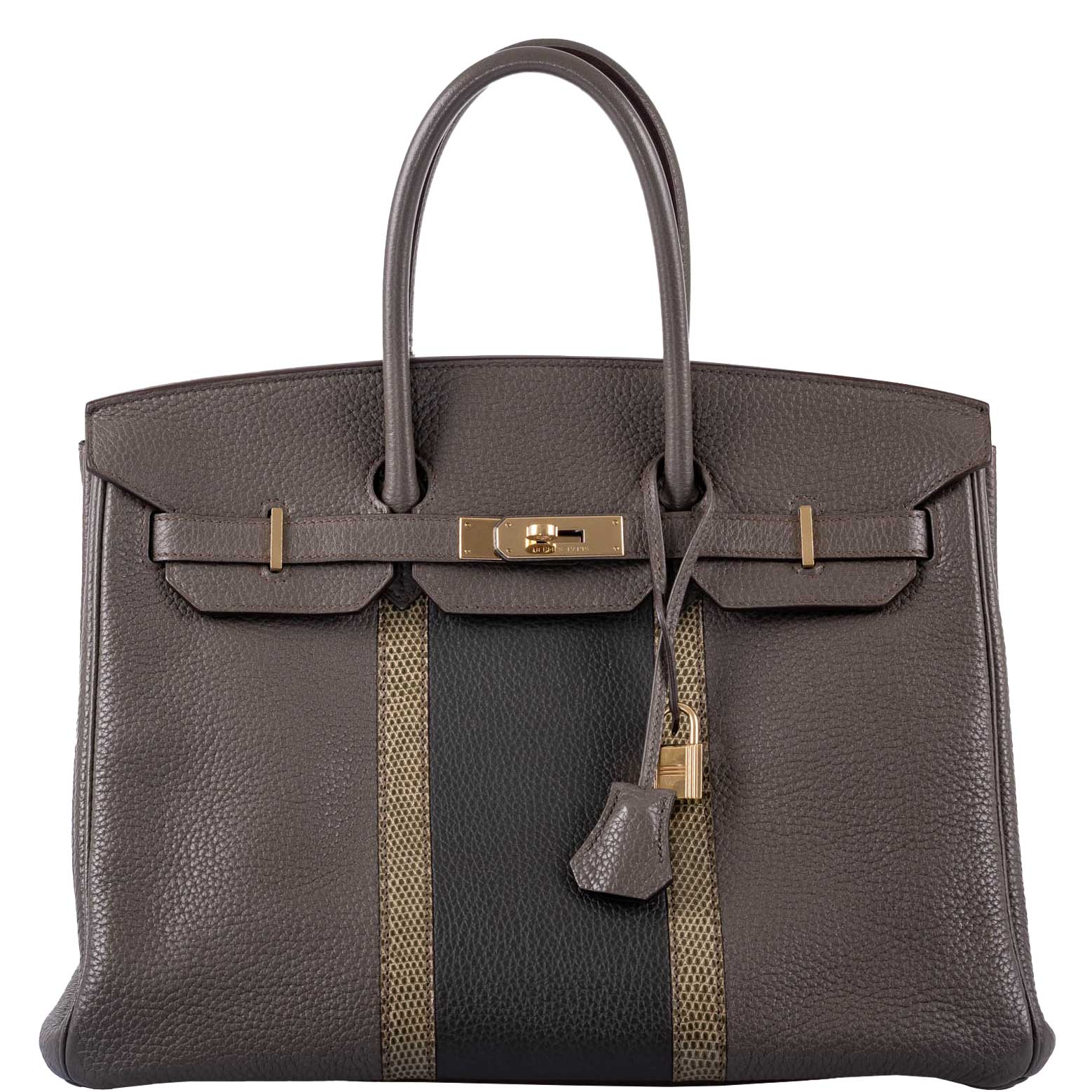 HermesClub Birkin 35 Tri-Color Etain & Graphite Clemence, Gris Fonce Lizard Permabrass Hardware