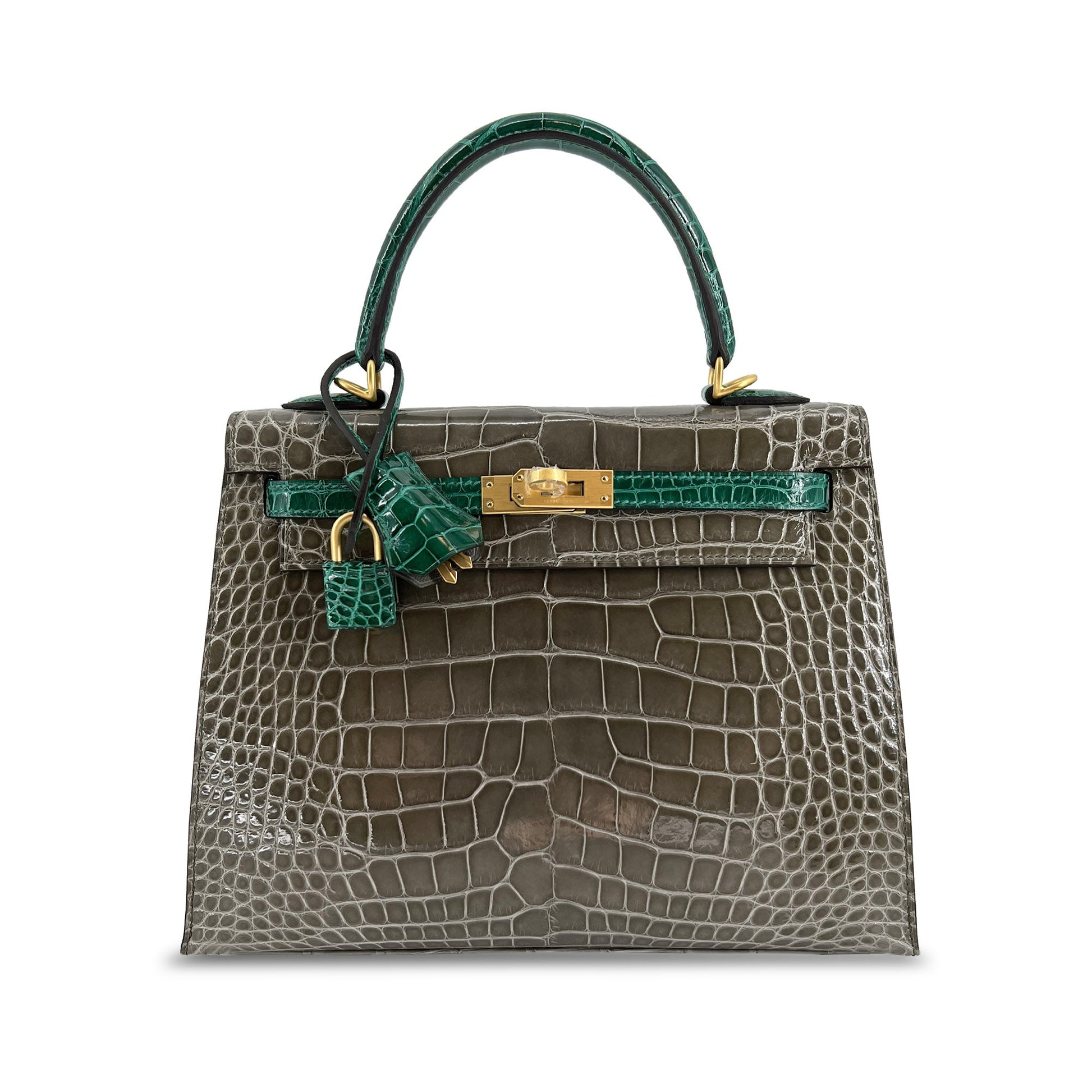   Luxury Hermes Kelly designer bag Tourterelle Emerald Vert Lisse K25 GHW