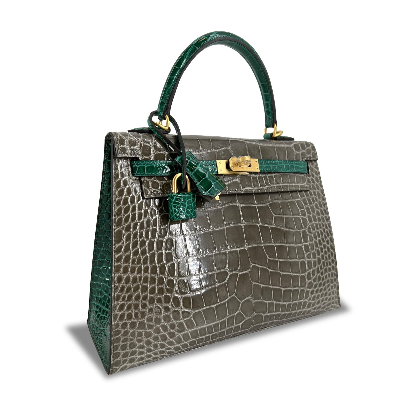   Luxury Hermes Kelly designer bag Tourterelle Emerald Vert Lisse K25 GHW