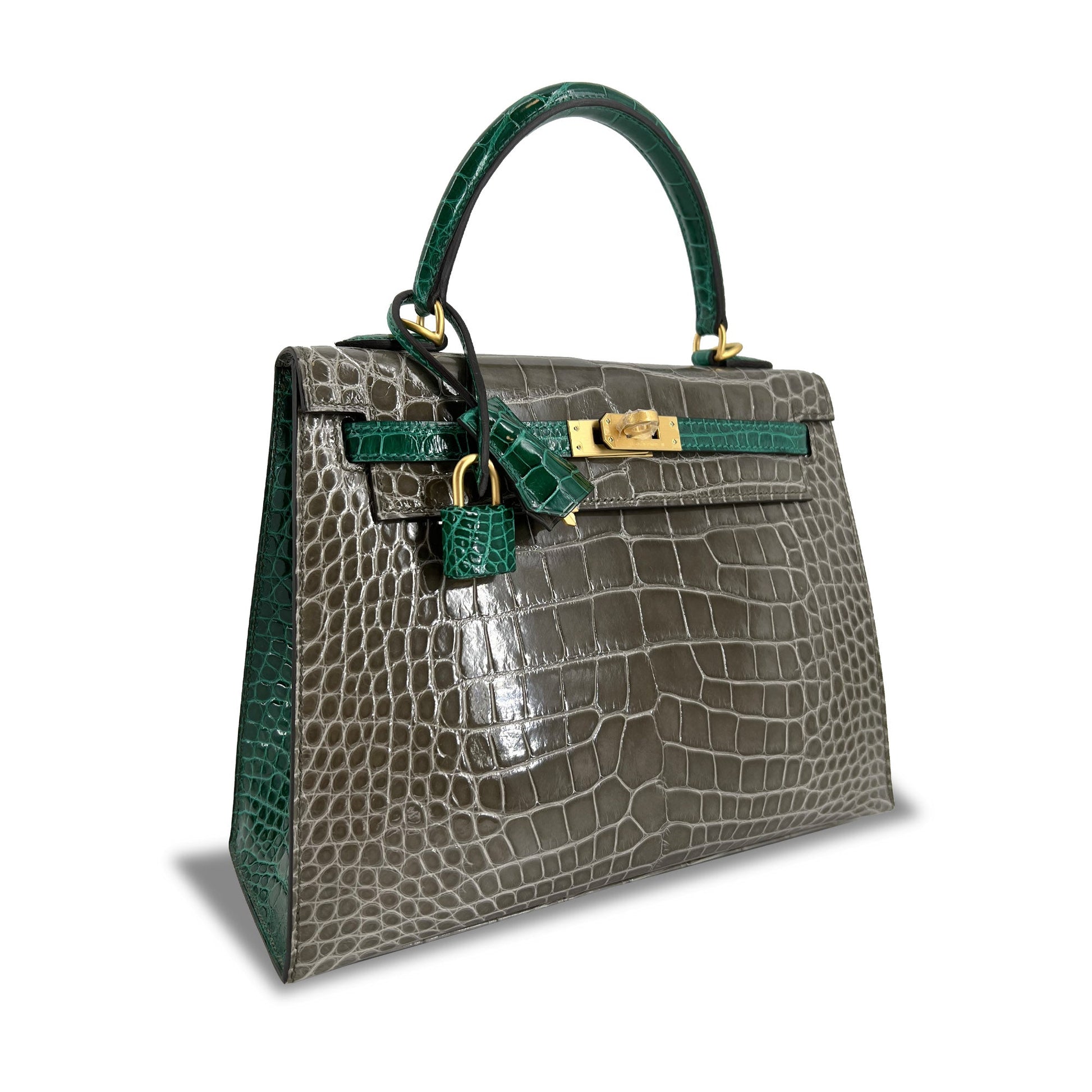   Luxury Hermes Kelly designer bag Tourterelle Emerald Vert Lisse K25 GHW