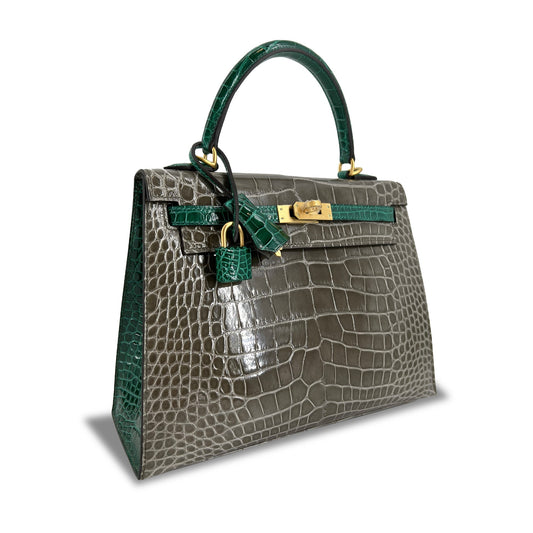   Luxury Hermes Kelly designer bag Tourterelle Emerald Vert Lisse K25 GHW