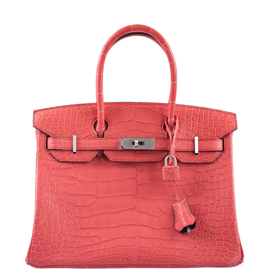 HermesHSS Birkin 30 Bougenville Matte Alligator & Blue Marine Interior with Brushed Palladium Hardware