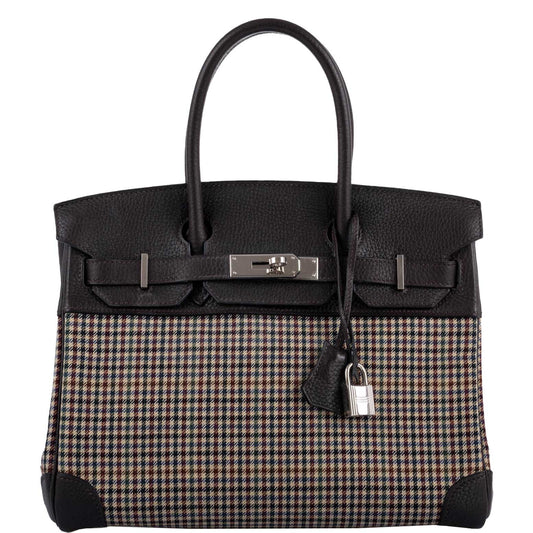 HermesLainage Birkin 30 Houndstooth Plaid Wool and Ebene Togo Palladium Hardware