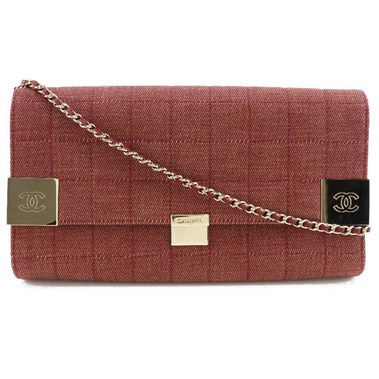CHANEL Shoulder Bag Cotton canvas Red Chocolate bar line ChainShoulder Women
