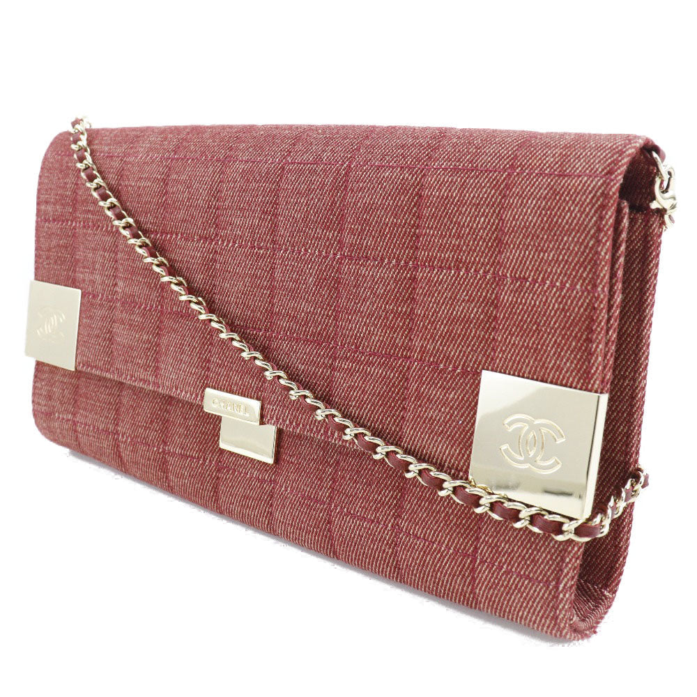 CHANEL Shoulder Bag Cotton canvas Red Chocolate bar line ChainShoulder Women