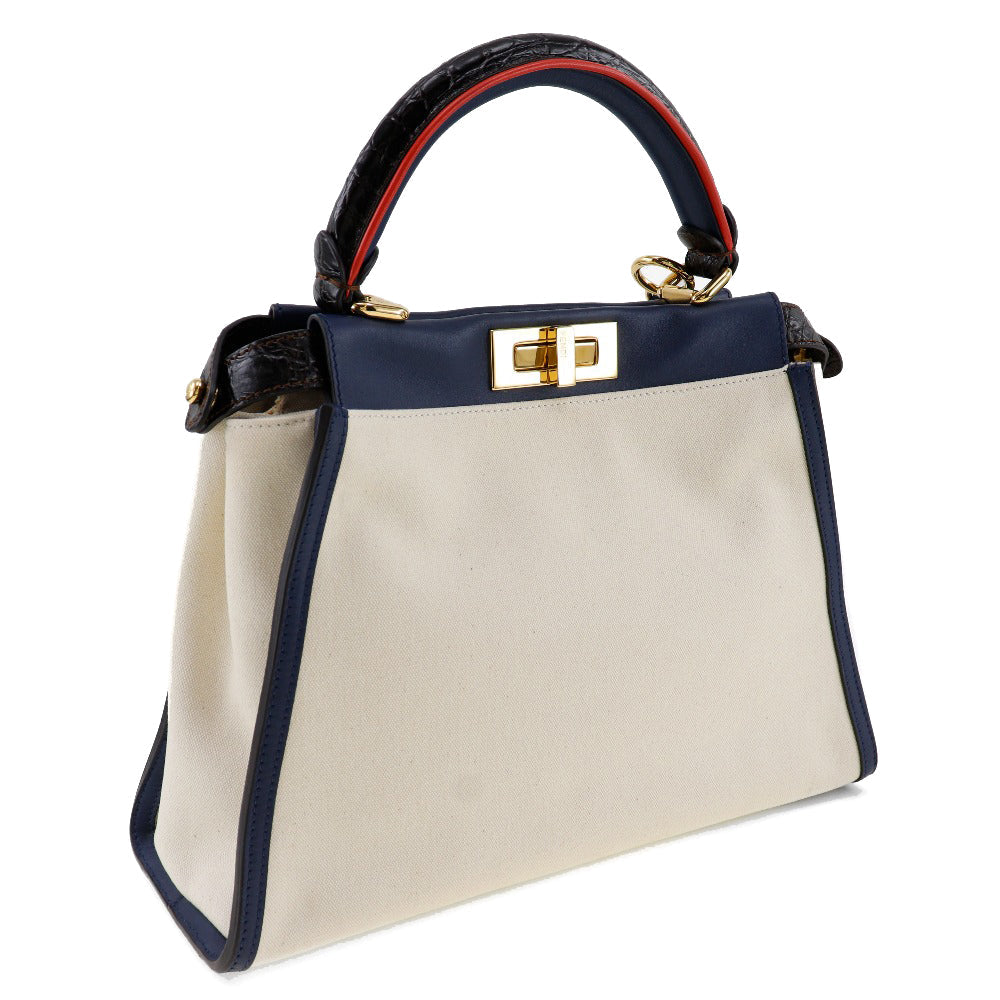 Fendi Logo Hardware Canvas Leather Handbag