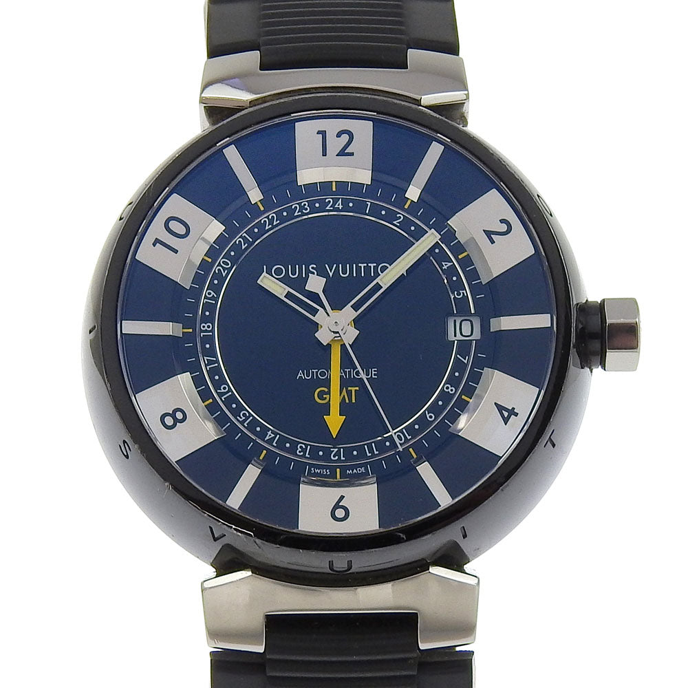 LOUIS VUITTON Watches Mechanical Automatic Stainless Steel, Rubber Silver Tambour GMT black dial mens