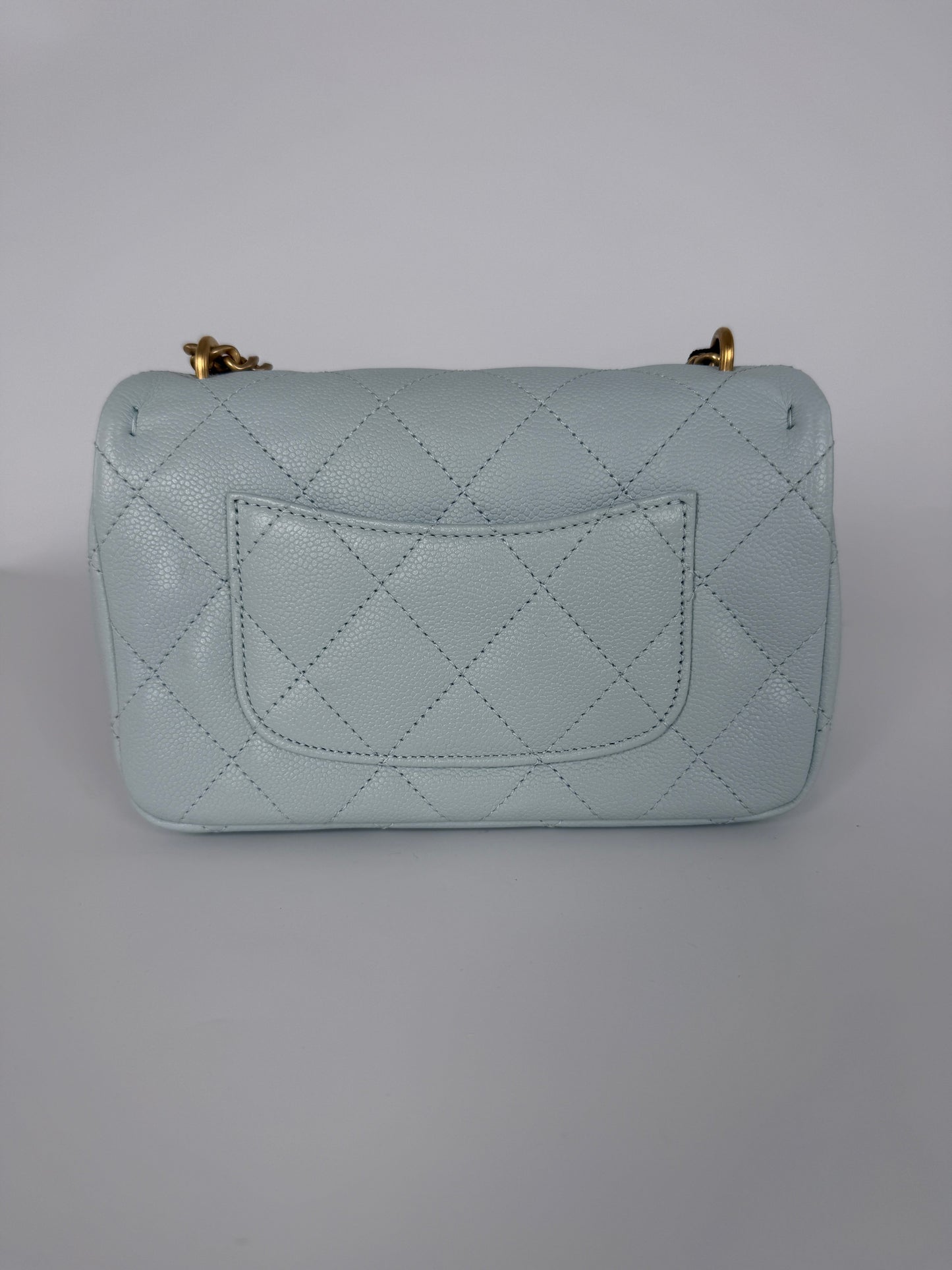 CHANEL Mini Rectangular Sweetheart Quilted Caviar Light Blue Flap Bag