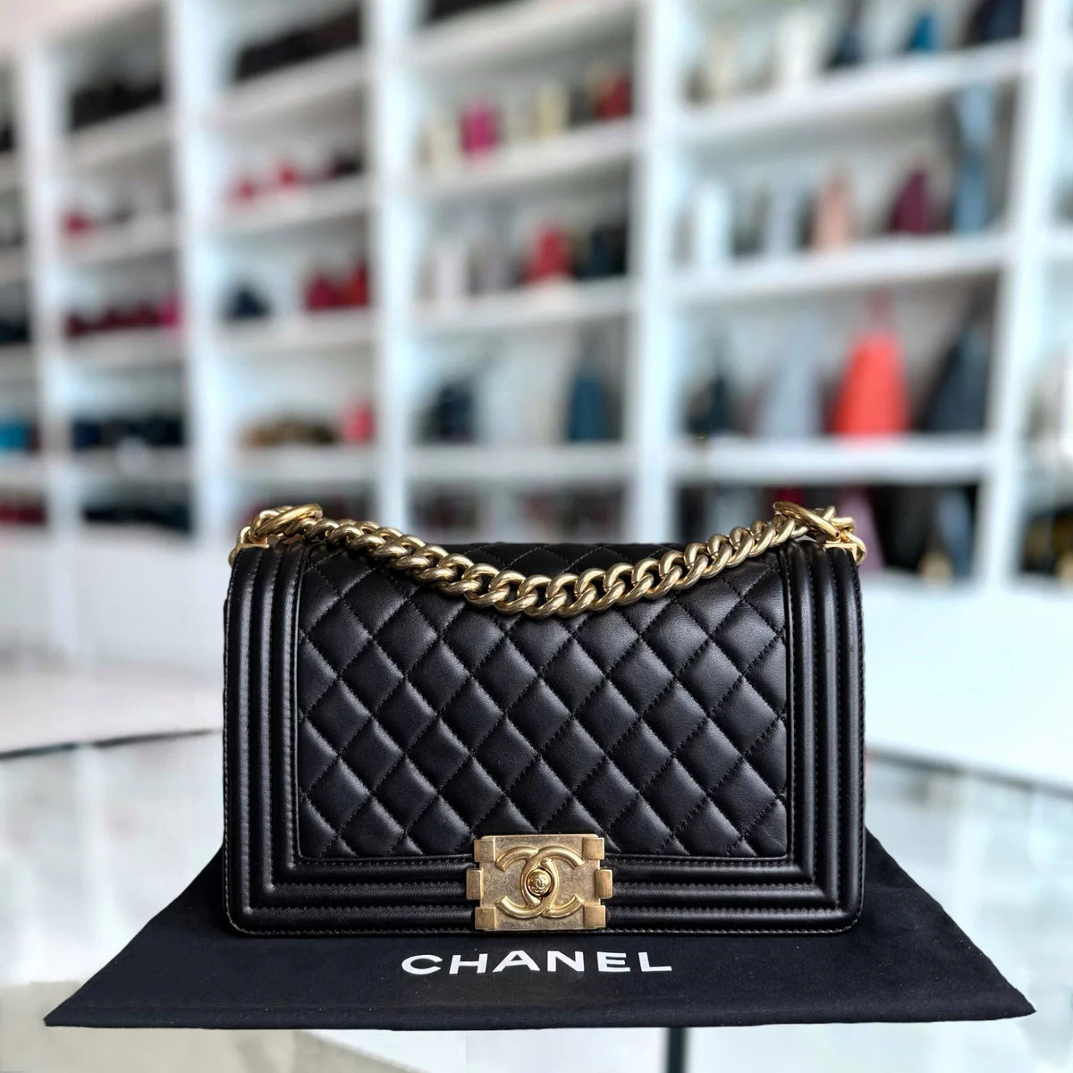 Chanel Boy Medium - 25CM Quilted Lambskin Black Gold Hardware Series 23