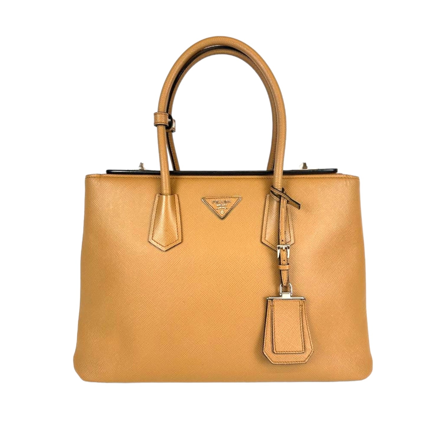Prada Turnlock Twin Caramel Saffiano Cuir Luxury Handbag