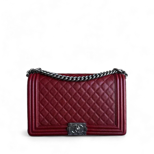 Chanel Boy Medium - 28CM Caviar Quilted Grained Calfskin Burgundy Dark Red Silver Hardware Series 19