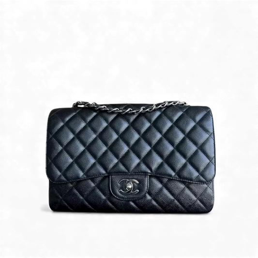 Chanel Caviar Jumbo Classic Flap Quilted Grained Calfskin Black Silver Hardware Series 13