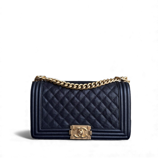 Chanel Boy Medium - Caviar 25CM Quilted Midnight Dark Blue Gold Hardware Series 26