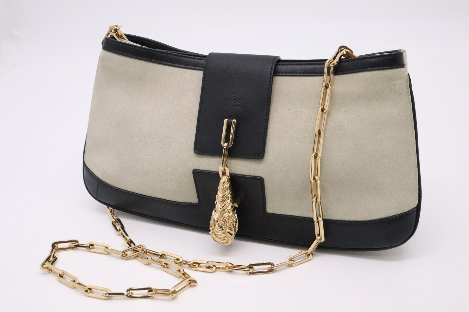 Gucci Tiger Shoulder Bag in Greige Suede Leather