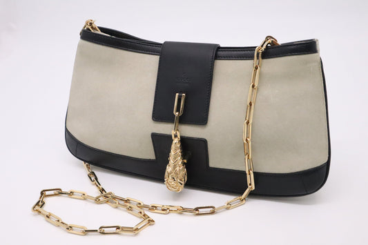 Gucci Tiger Shoulder Bag in Greige Suede Leather
