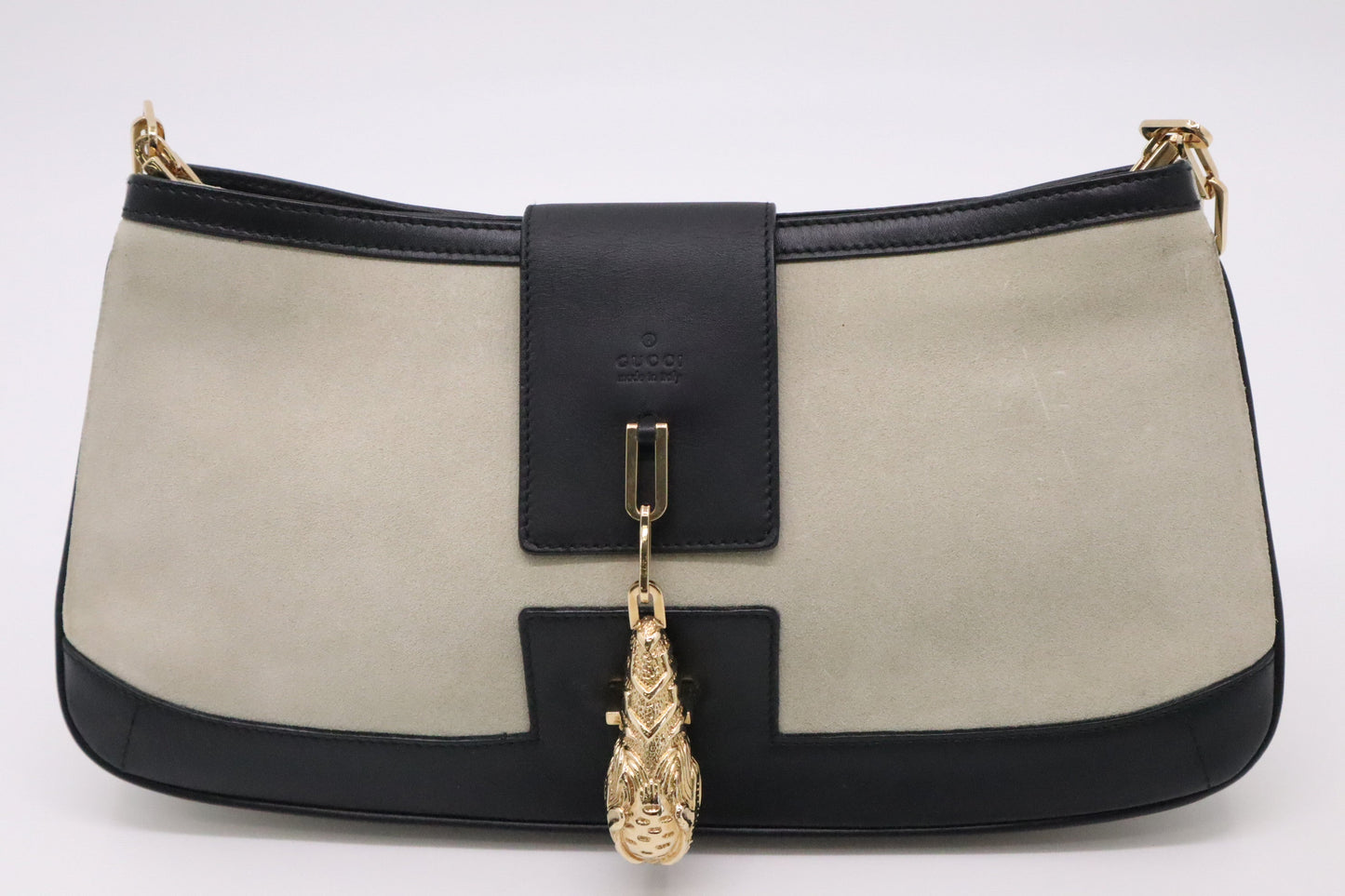 Gucci Tiger Shoulder Bag in Greige Suede Leather