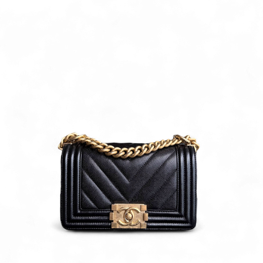 Chanel Boy Small - Caviar 20CM Chevron Black Gold Hardware Series 24