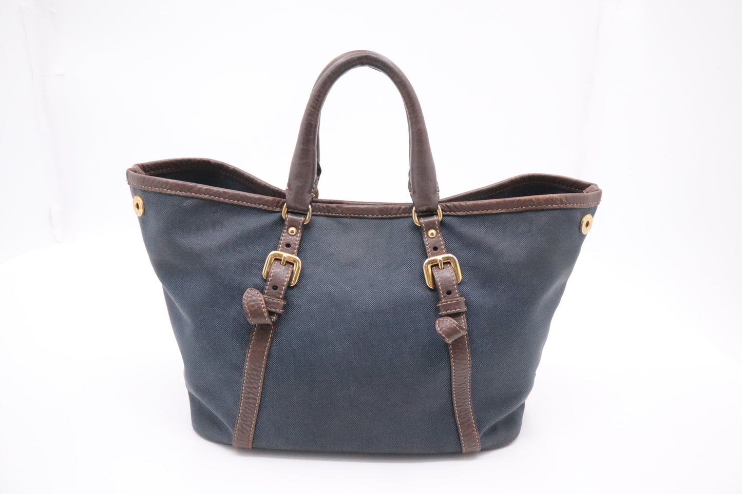 Prada Logo Handbag in Brown Leather and Navy Canvas