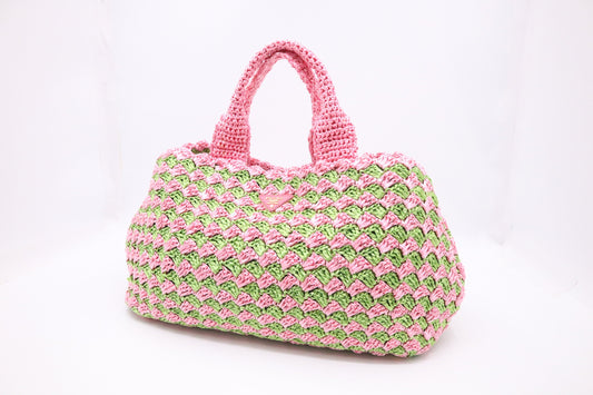 Prada Canapa Tote Large in Pink and Green Raffia Crochet