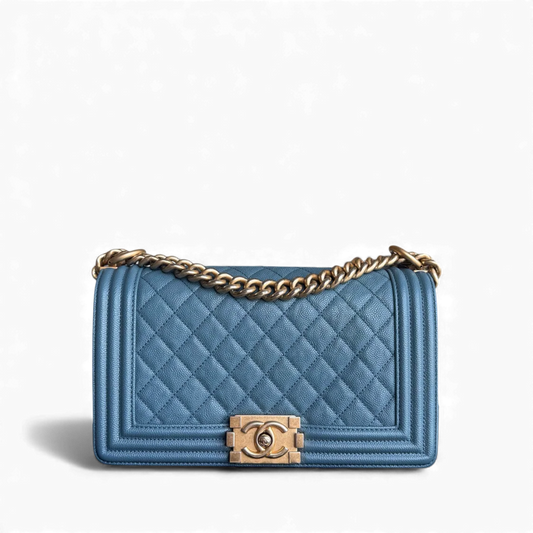 Chanel Boy Medium - Caviar 25CM Quilted Blue Gold Hardware 25