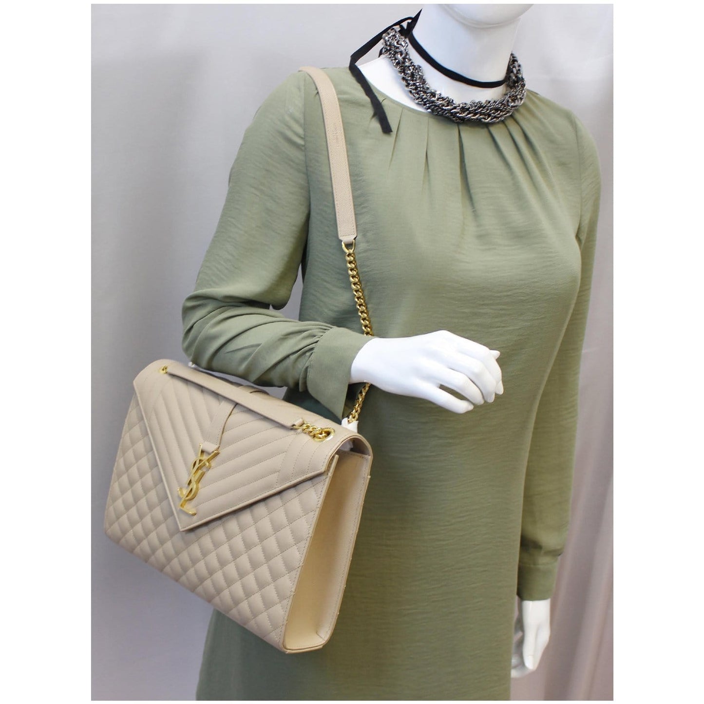 SAINT LAURENT Envelope Large Matelasse Embossed Leather Shoulder Bag Nude