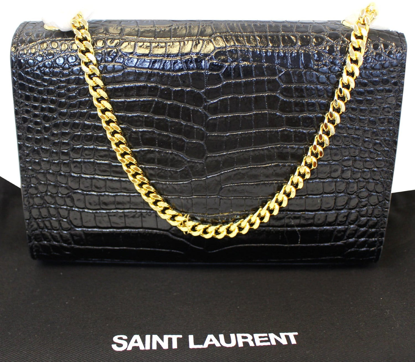 SAINT LAURENT Crocodile Black Leather Chain Clutch Crossbody Bag