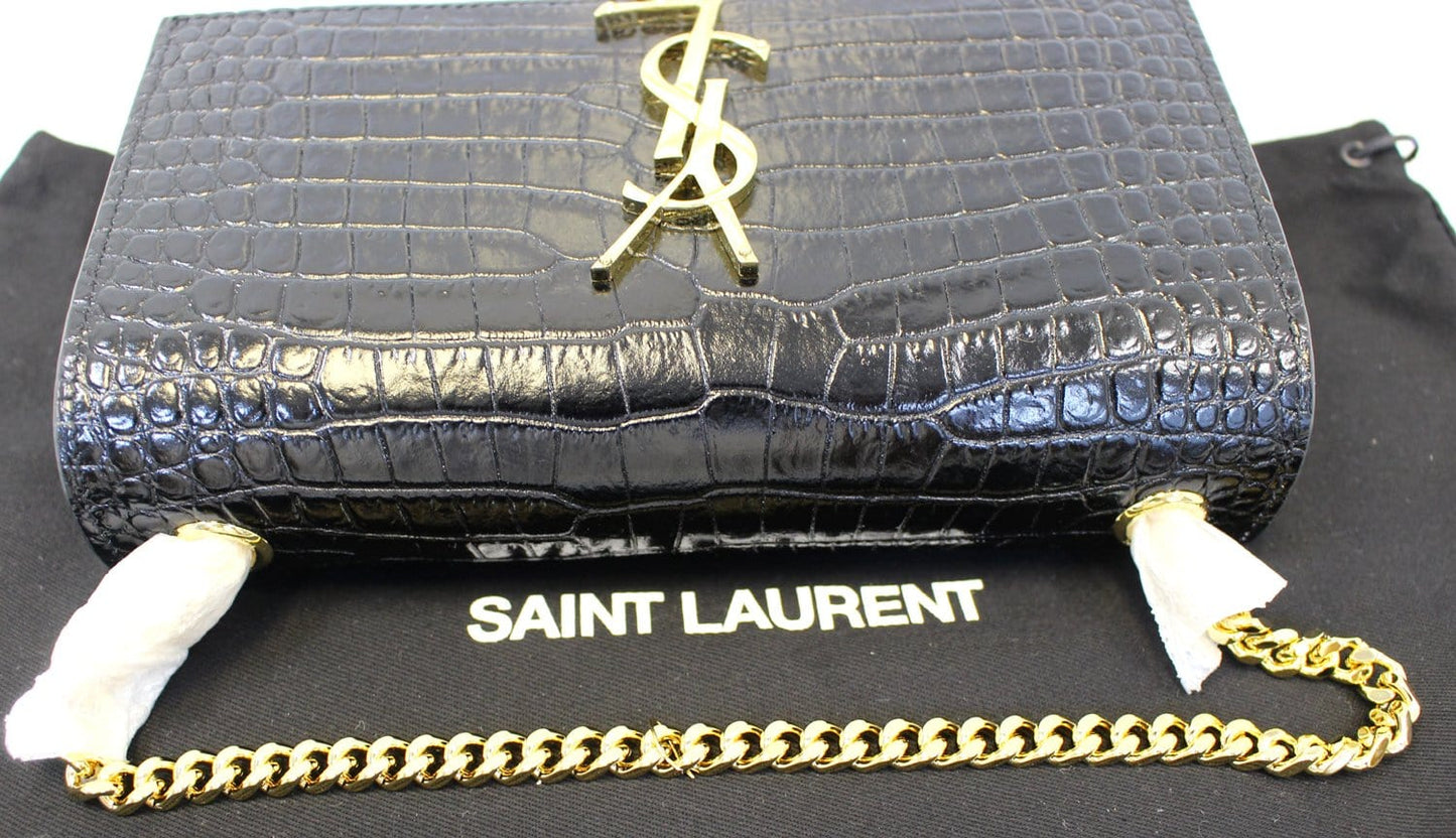 SAINT LAURENT Crocodile Black Leather Chain Clutch Crossbody Bag