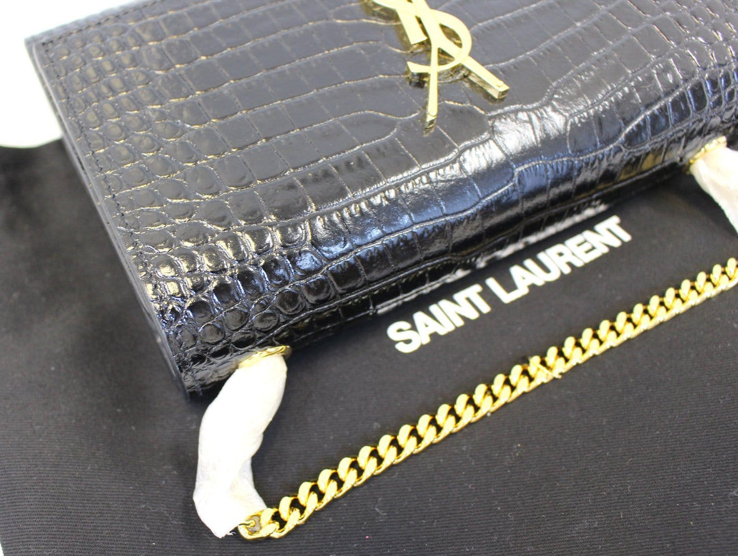 SAINT LAURENT Crocodile Black Leather Chain Clutch Crossbody Bag