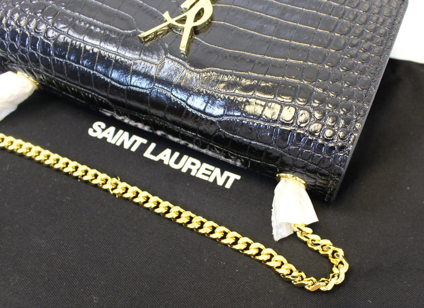 SAINT LAURENT Crocodile Black Leather Chain Clutch Crossbody Bag