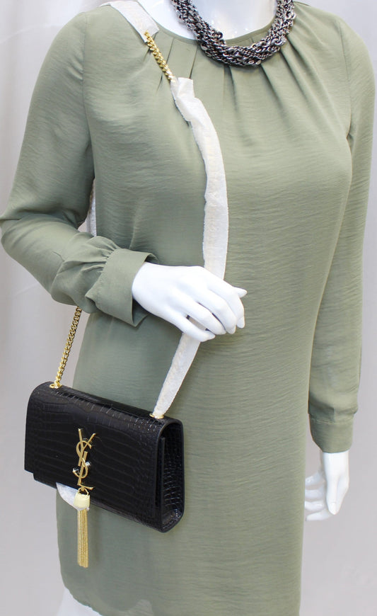 SAINT LAURENT Crocodile Black Leather Chain Clutch Crossbody Bag