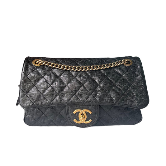 Chanel Shiva Flap Bag Distressed Black Caviar with Gold Chain