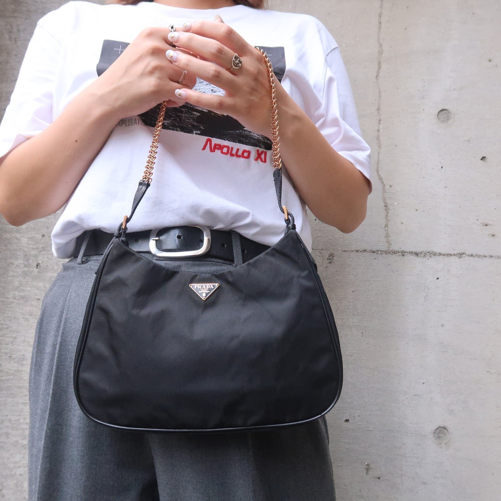 Prada Logo Nylon Leather Chain Shoulder Bag Purse Black
