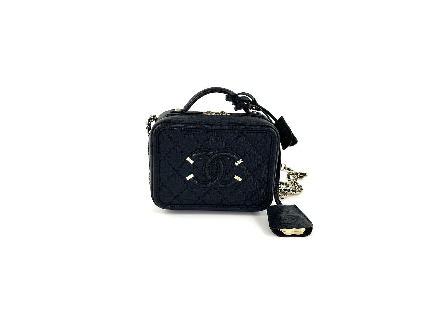 CHANEL Filigree Small Black Caviar Cosmetic Crossbody Vanity Case Bag