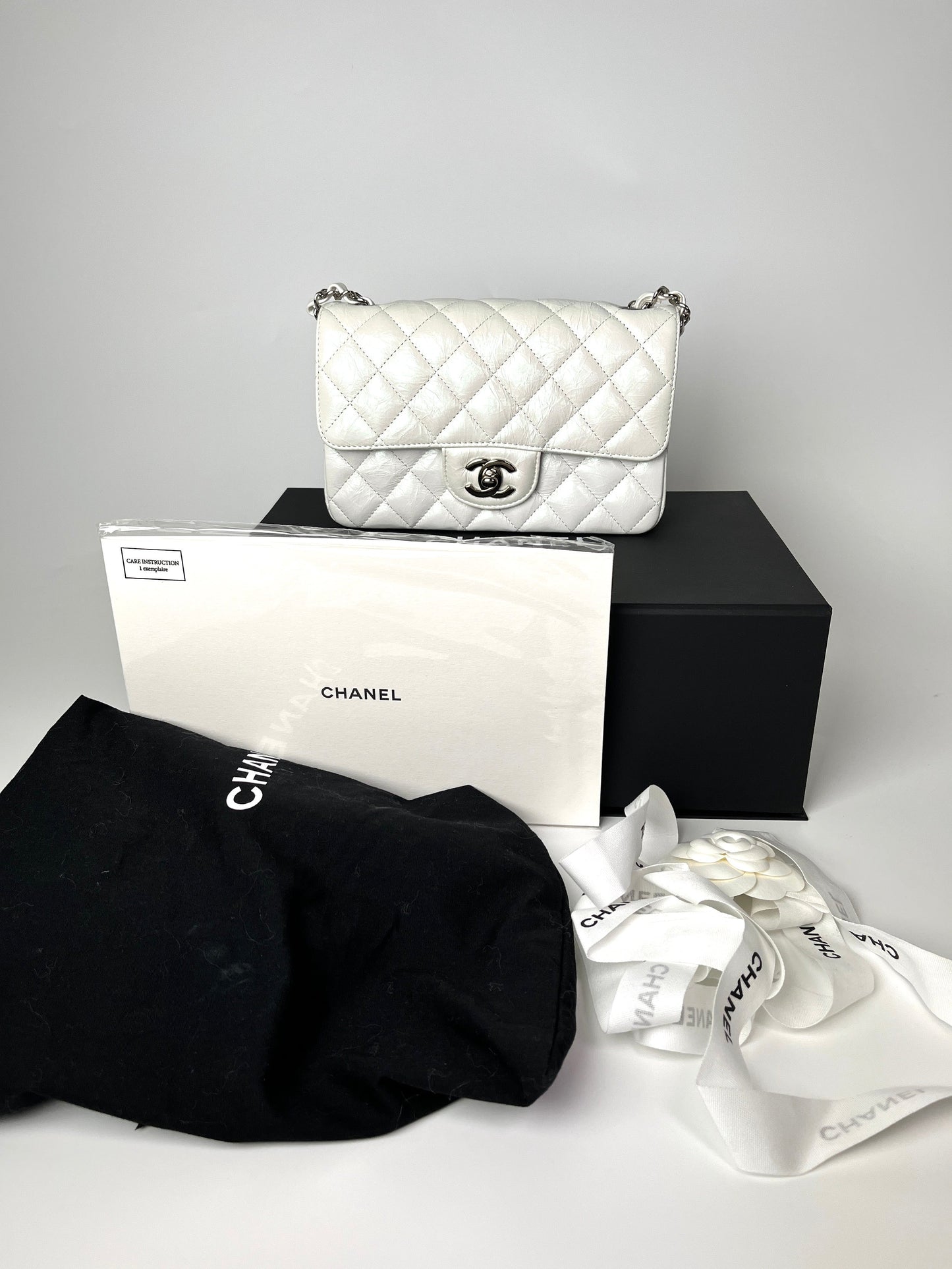 CHANEL White 2021 Rectangular Mini Crumpled Calfskin Classic Flap Bag