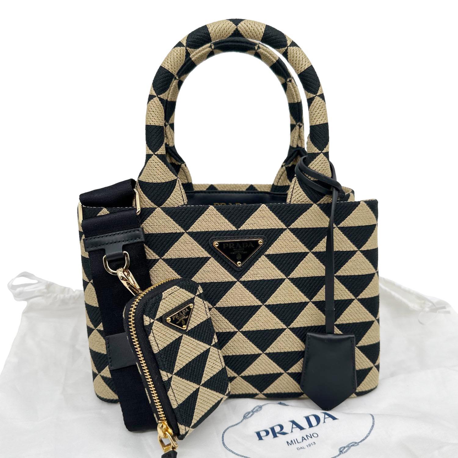 PRADA Symbole Embroidered Canvas Tote Bag Beige