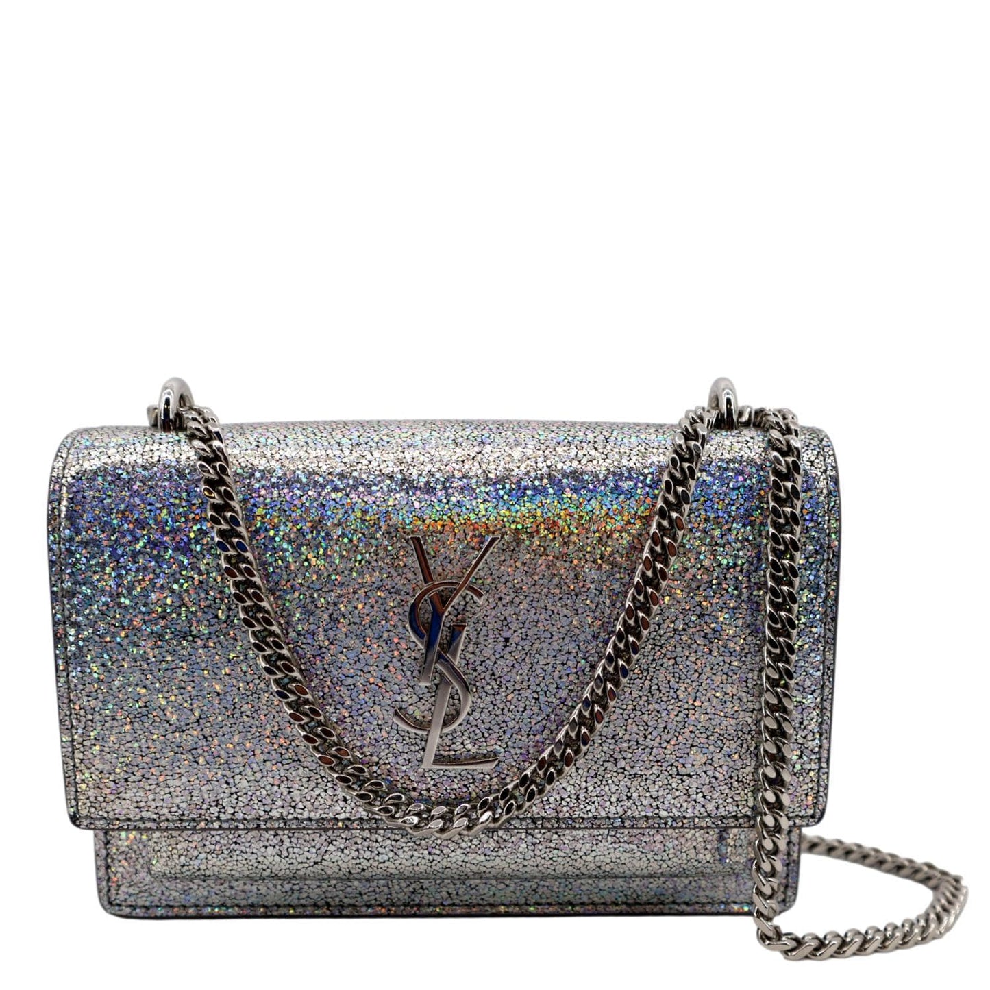 SAINT LAURENT Sunset Crackled Metallic Leather Crossbody Bag Silver