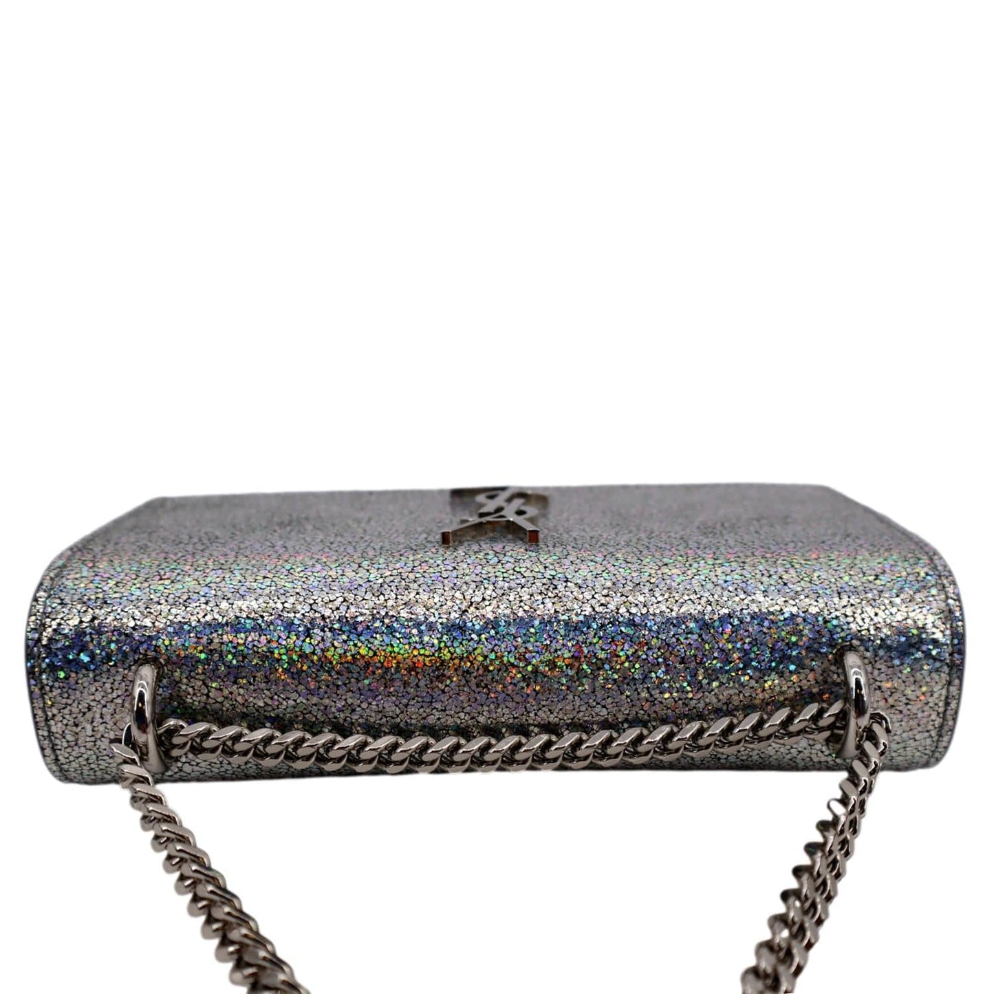 SAINT LAURENT Sunset Crackled Metallic Leather Crossbody Bag Silver
