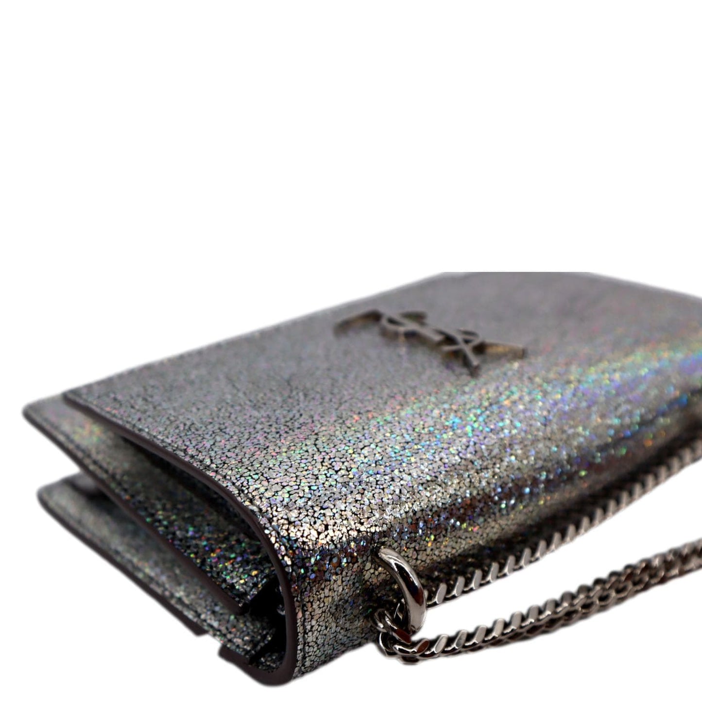 SAINT LAURENT Sunset Crackled Metallic Leather Crossbody Bag Silver