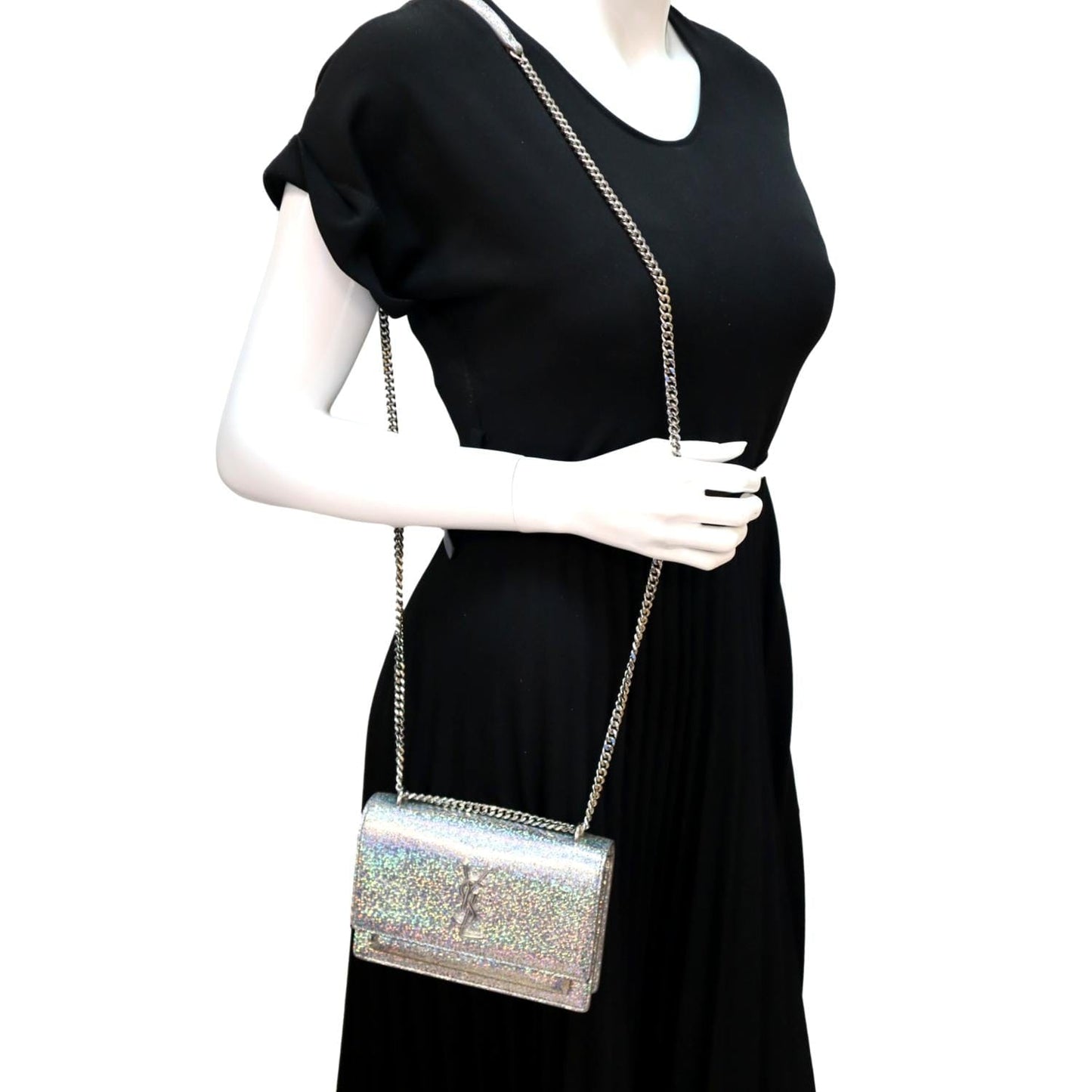 SAINT LAURENT Sunset Crackled Metallic Leather Crossbody Bag Silver